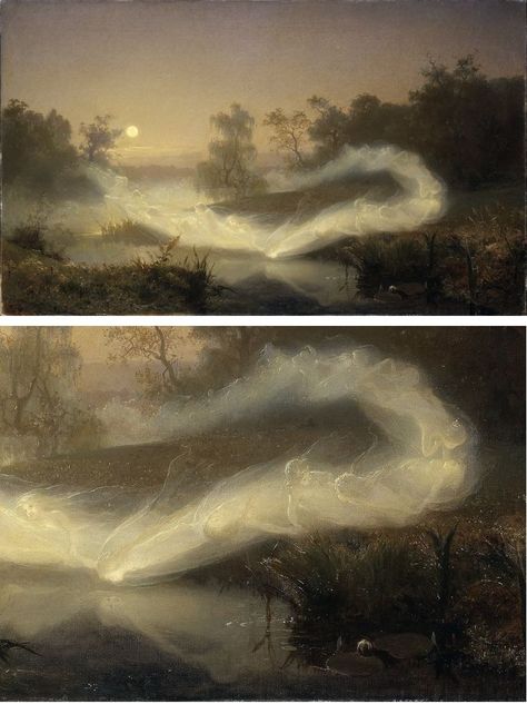 Dancing Fairies is a painting by Swedish painter August Malmström 1829–1901 depicts fairies dancing above the water. Dancing Fairies August Malmstrom, Dancing Fairies Painting, The Fairy Dance Karl Wilhelm Diefenbach, The Fairy Dance, Dancing Faeries, Women Dancing Painting, August Malmström, Dancing Nymphs, Dancing Fairies