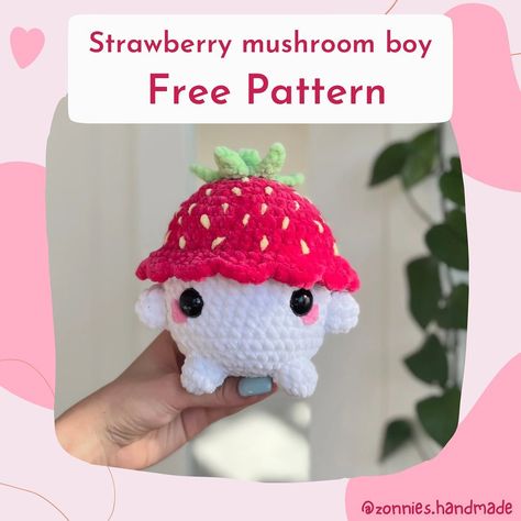 🍓STRAWBERRY MUSHROOM BOY FREE PATTERN 🍓 Many of you have been asking me to release the strawberry version of my original big mushroom boy… | Instagram Amigurumi Donut, Big Mushroom, Crochet Valentine Patterns, Boy Instagram, Crochet Plushies, Fall Crochet Patterns, Crochet Strawberry, Quick Crochet Patterns, Crochet Animals Free Patterns