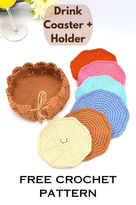 a colorful set of crochet coasters with a coaster holder Crochet Fall Decor, Crochet Circle Pattern, Crochet Cup Coaster, Coaster Patterns, Beanie Knitting Patterns Free, Crochet Necklace Pattern, Crochet Coasters Free Pattern, Crochet Cup Cozy, Coaster Pattern