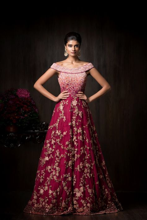 Cocktail Outfits - Off Shoulder Wine Gown | WedMeGood | Wine and Pink Ombre Gown with Sequin and Gold Embroidery #wedmegood #indianbride #indianwedding #gown #ombre #wine Pitta Work, भारतीय दुल्हन संबंधी, डिजाइनर कपड़े, Reception Outfits, Indian Wedding Gowns, Pengantin India, Reception Outfit, Reception Gown, Blouse Back Neck Designs