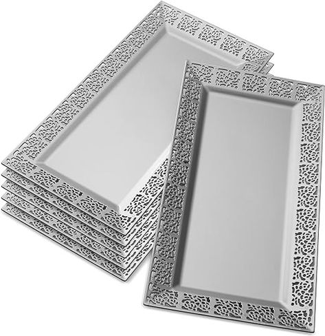 Amazon.com | SILVER SPOONS Elegant Lace Plastic Serving Trays (6 PC), Disposable Plastic Trays and Platters for Party - 14” x 7.5”, Serves Snacks, Desserts, Sweets, Perfect for Upscale Wedding, and Dining - Silver: Serving Trays Disposable Serving Trays, Upscale Wedding, Plastic Serving Trays, Cupcake Display, Platter Set, Cold Dishes, China Dishes, Silver Bling, Food Displays