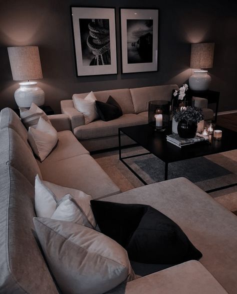 Cream And Black Apartment, Beige And Black House Aesthetic, Black And Beige Aesthetic Living Room, Beige Black Interior Living Rooms, Black Cream Living Room, Neutral Noir Living Room, Beige And Black Living Room, Black And Cream Living Room, Black And White Living Room Decor