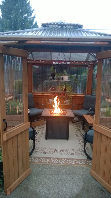 Roof Over Fire Pit Area, Diy Gazebo With Fire Pit, Gazebo With Fire Pit Ideas, Enclosed Fire Pit Area, Diy Enclosed Gazebo, Under Gazebo Ideas, Soft Top Gazebo Ideas Backyard, Fire Pit Shelter, Gazebo Fire Pit Ideas