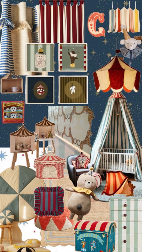 Moody and bold tones make a statement with fun whimsical circus characters. This theme will make your nursery so cozy and magical. Carnival Nursery Theme, Clown Nursery Theme, 90s Nursery Theme, Circus Kids Room, Circus Nursery Theme Vintage, Circus Theme Nursery, Vintage Circus Aesthetic, Circus Baby Room, Circus Nursery Theme