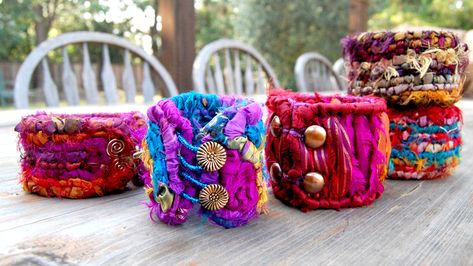 Locker Hooking, Silk Bangles, Fiber Art Jewelry, Sari Ribbon, Fabric Bracelets, Fiber Jewelry, Colorful Gifts, Textile Jewelry, Fabric Beads