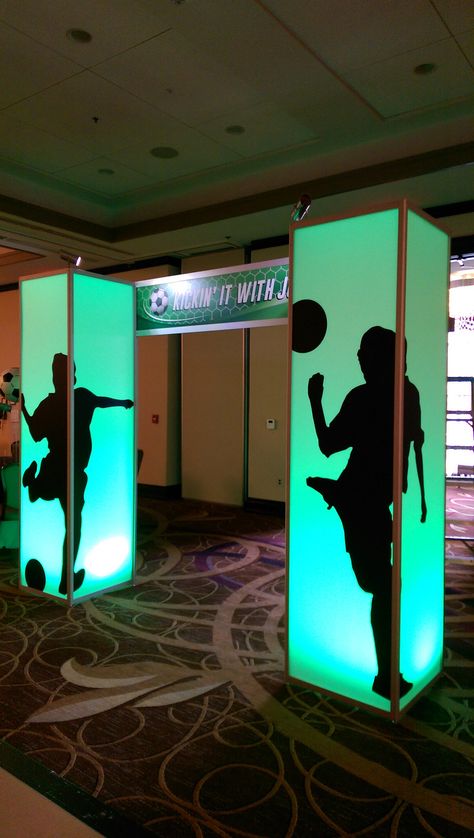 glow boxes with soccer silhouette party entrance | sports | The Prop Factory | Flickr Football Entrance Ideas, Sports Themed Corporate Event, Glow Soccer Party, Fifa Decoration, Soccer Event Ideas, Sports Event Decoration Ideas, Soccer Backdrop Ideas, Sports Event Decor, Sport Decorations Ideas