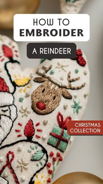 Christmas Embroidery Tutorial, Embroidery Reindeer, Long Short Stitch, Embroidered Christmas Ornaments, Long And Short Stitch, How To Stitch, Holiday Embroidery, Christmas Embroidery Designs, Embroidered Christmas