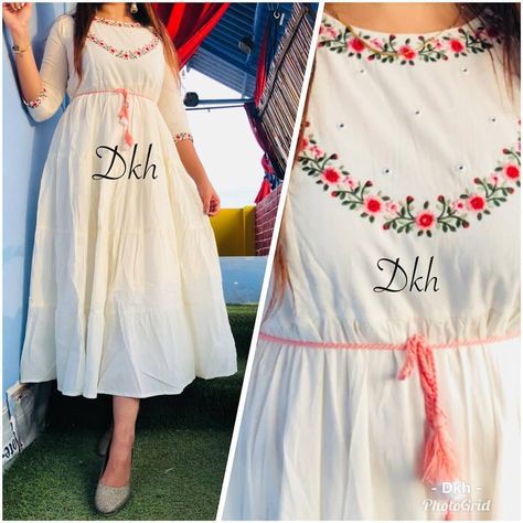 Cotton Kurti For Women, White Frock, Frocks And Gowns, Stylish Gown, Kurti For Women, New Kurti Designs, Hand Embroidery Dress, Simple Kurti Designs, Kurti Embroidery Design