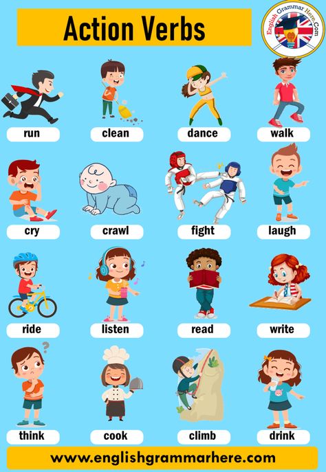 English Vocabulary; Action Verbs: List of Common Action Verbs, Definition and Examples ACTION VERBS Sentences established with verbs of action Oppgaver For Barn, Verbs For Kids, Aktiviti Prasekolah, अंग्रेजी व्याकरण, Materi Bahasa Inggris, Maluchy Montessori, Verbs List, Grammar For Kids, Regular Verbs