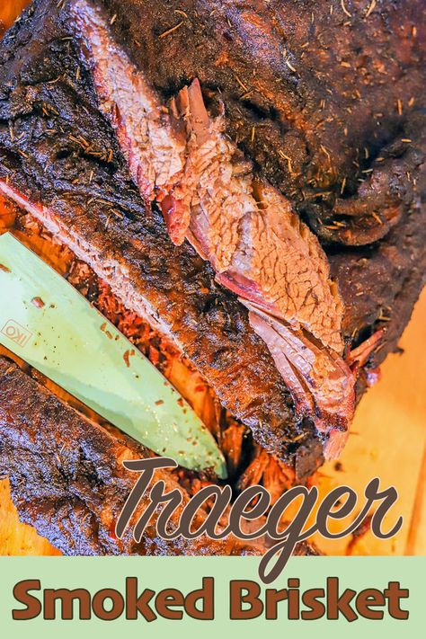 This tender and juicy Traeger Smoked Brisket Recipe takes 12+ hours from start to finish. But you know what they say, good things come to those who wait! #smokedbrisket #TraegerBrisket #HildasKitchenBlog Smoked Brisket Pellet Smoker Traeger, Beef Brisket Recipes Smoked Traeger, Beef Brisket Traeger Recipes, Smoked Brisket Traeger Recipes, Brisket On The Traeger, Brisket Smoked On A Pellet Smoker, Traeger Smoked Brisket, Traeger Grill Recipes Brisket, Trager Smoker Brisket