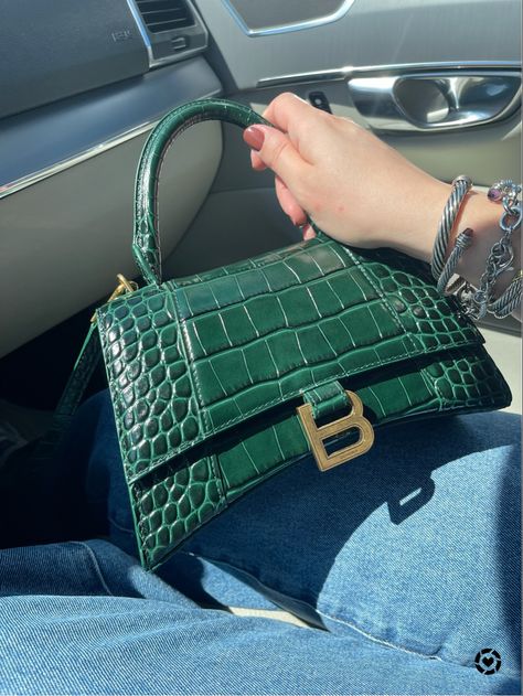 Green Balenciaga Bag, Green Luxury Bag, Green Designer Bag, Small Designer Bags, Balenciaga Hourglass Bag, Balenciaga Purse, Green Bags, Balenciaga Handbags, Popular Handbags