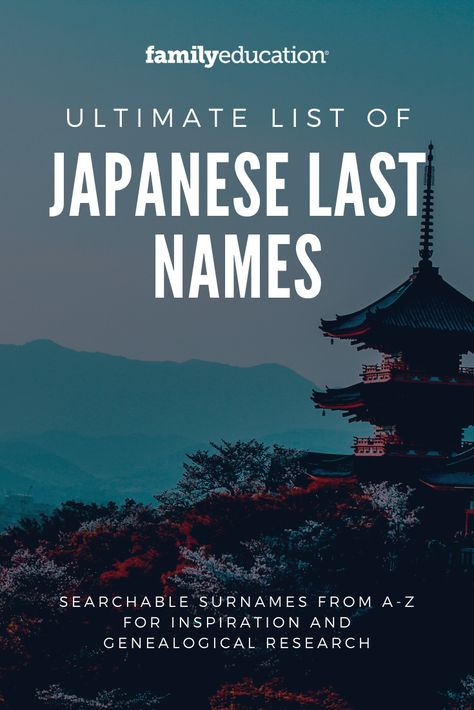 Looking for last names for book characters, your baby, genealogy research, or more? Find the top Japanese last names, compiled by Family Education, right here. #lastnames #familyeducation #genealogy Surnames For Characters Japanese, Last Japanese Names, Japanese Names Last Names, Asian Last Names For Characters, Japanese Surnames And Meanings, Japanese Last Name Ideas, Japanese Surnames List, Asian Surnames, Last Names For Book Characters