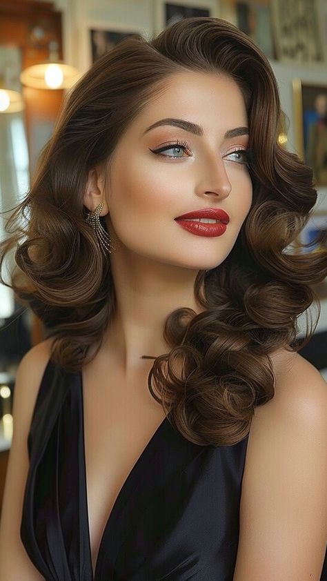 25 Long Hairstyles to Showcase Round Face Grace Curled Hollywood Hair, Classic Hair And Makeup Looks, 1920s Wedding Hair Long, Hair Ideas For Prom All Down, Nail Ideas For Special Occasions, Elegant Hairstyles For Round Faces, Old Hollywood Hairstyles Middle Part, Bombshell Bridal Hair, Long Hairstyles For Photoshoot