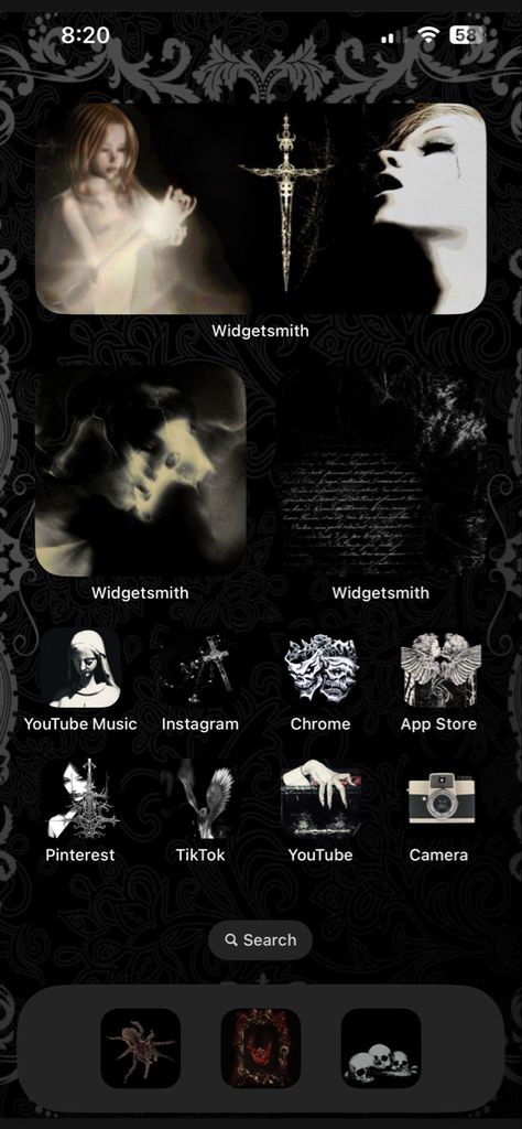 Dark Phone Widget Aesthetic, Gothic Playlist Covers, Gothic Iphone Theme, Dark Layout Aesthetic, Widgets Layout Ideas, Fatal Frame Phone Theme, Maximalist Phone Layout, Dark Phone Layout Ideas, Gothic Homescreen Layout