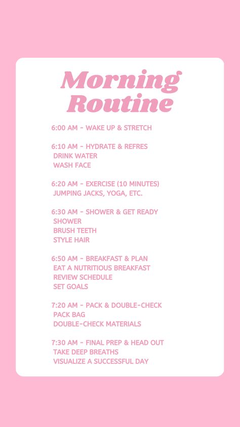 Start your day with a refreshing morning routine:  ✨💗 Wake up & stretch 💧💕 Hydrate & refresh 🏋️‍♀️💗 Exercise & energize 🚿💕 Shower & get ready 🥐💗 Nourish & plan 📚💕 Pack & go!  Transform your mornings and set yourself up for success! 💖 #MorningRoutine #Productivity #SelfCare #PinkVibes" Morning Stretches Wake Up Beginners, Morning Stretches Routine, Morning Stretches, Set Yourself Up For Success, Stretch Routine, Check Material, Nutritious Breakfast, Pink Vibes, Shower Routine