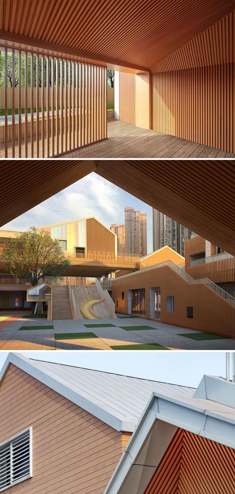 The project is a #kindergarten situated at Yorkville North, a residential compound developed by Hongkong Land in Liangjiang New District, Chongqing, China. Every classroom is a "home" which has its own characteristics. IDO intended to let the kids to build a sense of belonging in their respective classrooms, which were built with distinctive materials such as wood and bricks. Learn more at Architonic.com #architonic #architecture #design #kindergartendesign #nursery Residential Compound, Space Building, Gable Wall, Community Design, Chongqing China, Urban Village, Exhibition Building, Kindergarten Design, Sense Of Belonging