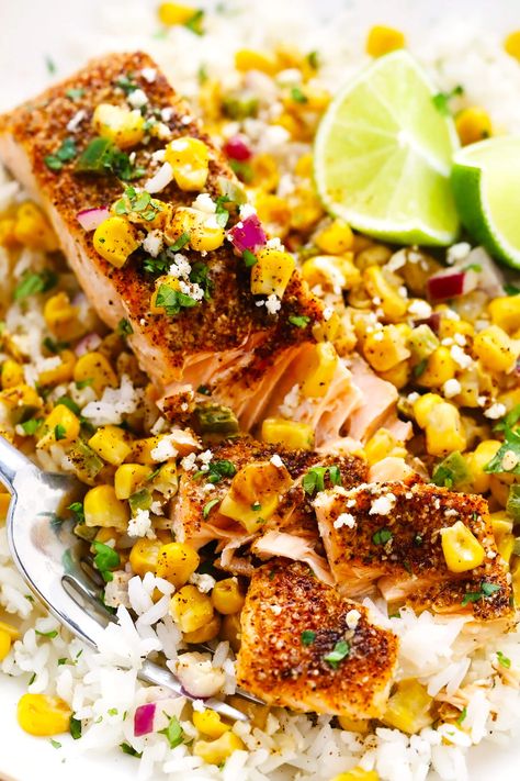 Creamy Corn Salsa, Summer Salmon Recipe, Lime Salmon Recipes, Chili Lime Salmon, Lime Salmon, Creamy Corn, Salmon And Rice, Salmon Dinner, Pan Seared Salmon