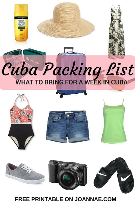 Free Printable of essentials to bring for a trip to Cuba Cuba Packing List, Cuba Outfit, Cuba Vacation, Trip To Cuba, Cuba Holiday, Printable Packing List, Visit Cuba, Basic Essentials, Travel Packing List