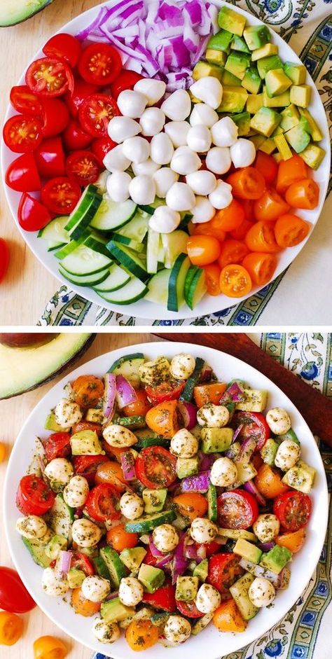 Avocado Salad with Mozzarella, Basil Pesto, Tomatoes, Cucumbers #Mediterranean Quick Diets, Salad With Mozzarella, Salad With Tomatoes, Tomatoes Mozzarella, Idee Pasto, Makanan Diet, Health Dinner, Motivational Wallpaper, Health Dinner Recipes