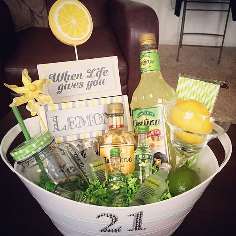 21st Birthday Gift Idea.. especially for a friend that loves tequila :) Tequila Present Gift Ideas, Malibu Rum Gift Basket Ideas, Tequila Birthday Gift Ideas, Tequila Gift Basket Ideas Diy, Gifting Alcohol Ideas, Alcoholic Gift Baskets, Margarita Basket Ideas Gift, Cocktail Box Gift, Vodka Gift Basket Ideas