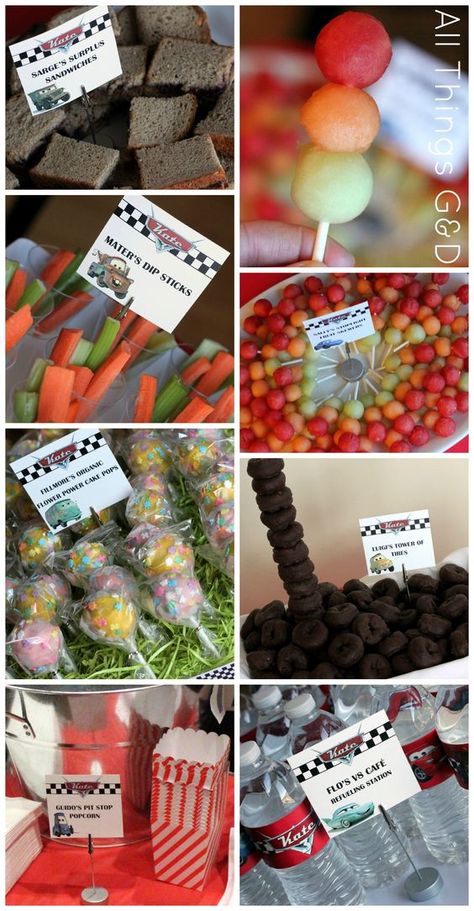 Cars Party Food Labels, Stoplight Fruit Skewers, Lightning Mcqueen Birthday Food Ideas, Lightning Mcqueen Food Ideas, Lightning Mcqueen Birthday Food, Lighting Mcqueen Birthday Party Food, Cars Theme Food Ideas, Pixar Cars Party Food, Pixar Cars Food Ideas