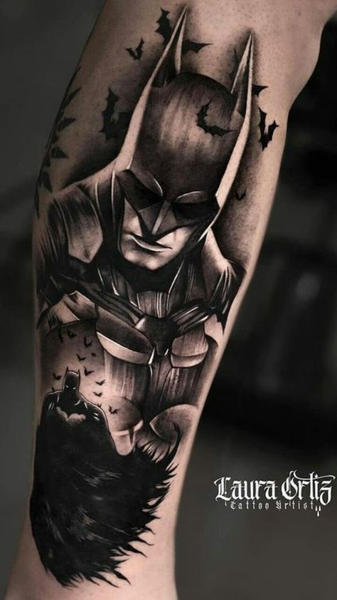 Superhero Tattoos Sleeve, Comic Tattoos For Men, Batman Shoulder Tattoo, Batman Cover Up Tattoos, Batman And Joker Sleeve Tattoo, Batman Portrait Tattoo, Batman Leg Sleeve Tattoo, Gotham Tattoo Ideas, Batman Tattoo For Men Sleeve