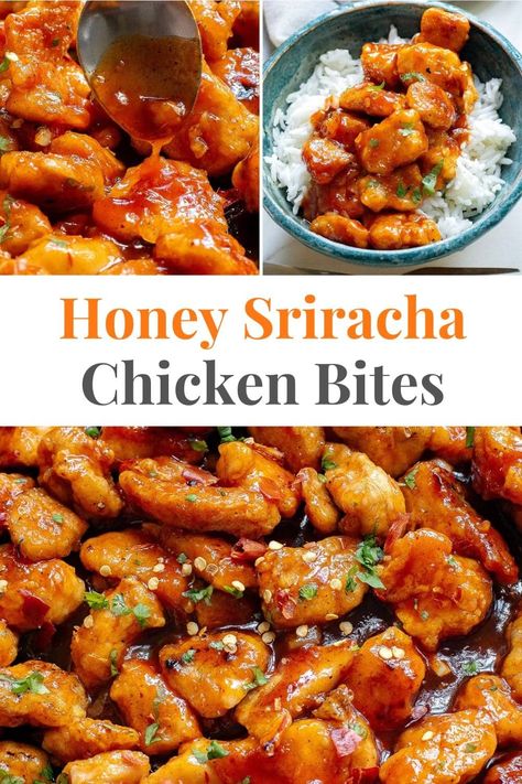 Baked honey sriracha chicken bites are crispy and glazed in the most delicious sweet and spicy sauce. This recipe is SO easy, you’ll be making it over and over again. Serve the chicken over regular rice, cauliflower rice, with noodles or in an Asian salad. via @irena_macri Baked Honey Sriracha Chicken, Rice With Noodles, Chicken Rice Balls, Honey Siracha Chicken, Honey Chicken Breast, Sweet Spicy Sauce, Chicken Mayo, Rice Cauliflower, Mayo Chicken