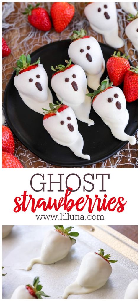 Juicy and sweet strawberry ghosts are spooky and delicious!! Here is a simple and quick tutorial on how to make these Boo-tiful treats. #strawberryghosts #dippedstrawberries #halloween #ghosts #chocolatestrawberries Choco Covered Strawberries, Ghost Strawberries, Daycare Treats, Strawberry Ghosts, Halloween Dinners, Strawberry Halloween, Halloween Sweet Treats, Halloween Deserts, Halloween Sleepover