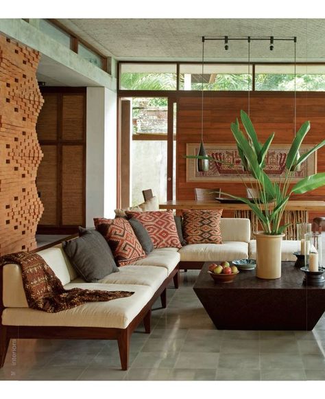 Living Rooms, Balinese Interior Design, Bali Style, Brick Wall, Google Search, Indonesian Textiles, Ethnic Living Room, Modern Balinese Interior Ethnic Living Room, Balinese Interior, Modern Bohemian Living Room, Indian Interior Design, Balinese Decor, Bohemian Living Room Decor, Tropical Interior, Indian Living Rooms, Asian Interior