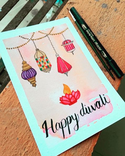 Watercolour painting Happy Diwali Creative Posters, Diwali Poster Ideas For School, Diwali Inspired Painting, Sketch For Diwali, Happy Diwali Poster Drawing, Diwali Card Drawing, Diwali Greeting Cards Design Handmade, Happy Diwali Painting, Diwali Theme Drawing