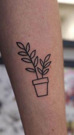 Flower Pot Tattoo Simple Plant Tattoo Design, Plant Pot Tattoo Simple, Easy Plant Tattoo, Plant Mom Tattoo Ideas, Simple Houseplant Tattoo, Flowers In A Pot Tattoo, Tiny Potted Plant Tattoo, Indoor Plant Tattoo Sleeve, Plant Related Tattoos