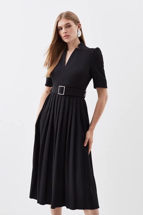 Work Outfits | Business Casual Outfits | Karen Millen Belted Midi Dress, Style Savvy, Tailored Dress, Pleated Midi Dress, Black Midi, Elbow Length Sleeve, Karen Millen, Petite Dresses, Black Midi Dress