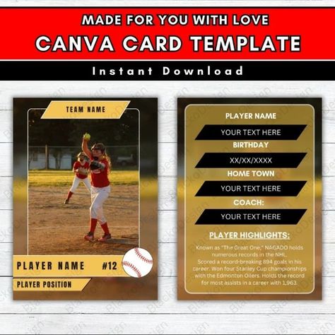 Step up your game with our Baseball Trading Cards Template! Create personalized DIY sport cards, perfect for school team gifts. Our customizable Player Card Canva Template makes every player shine. Get yours now! #BaseballTradingCards #DIYSportCard #PrintableGifts #CustomizableTemplates #PlayerCardCanva #EtsyShop Hit a home run with unique baseball cards! Visit our Etsy shop for customizable templates and printable gifts. Score yours today! Trading Cards Template, Baseball Card Template, Trading Card Template, Printable Gifts, Athlete Gifts, Baseball Birthday Party, Baseball Trading Cards, Player Card, Baseball Gifts