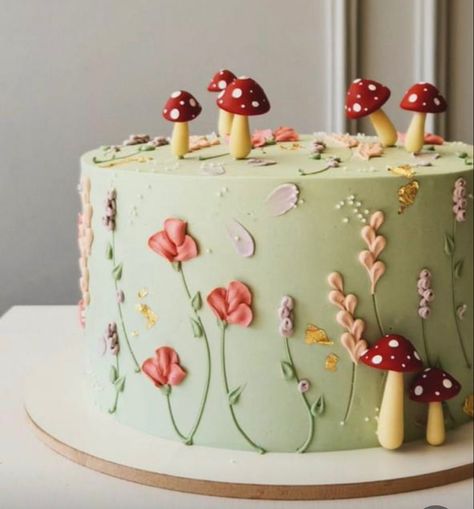 Woodland Fairy 1st Birthday Party, Fairy Themed Cake 1st Birthdays, Forest Fairy Cake, Enchanted Fairy Garden Cake, Enchanted Cake, Mushroom Themed Birthday Cake, Enchanted Forest Birthday Cake, Birthday Cake Fairy, Cute Mushroom Cake