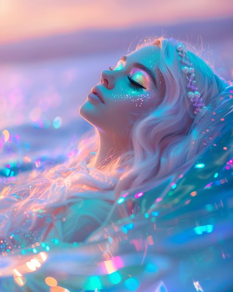 Iridescent Dreams ✨💖 As the sun dipped below the horizon, the Moonlit Maidens wandered along the shore, their long white hair flowing in the breeze and iridescent dresses catching the last rays of light 🌅✨ Care to join the Moonlit Maidens for a sunset spectacle? Happy Weekend 🥂 Love, Marloes #sprinkleofai #iridescent #iridescence #shimmer #holographic #pastel #mermaid #beachvibes #sunset Hair Flowing, Pastel Mermaid, Outfit Verano, Long White Hair, الفن الرقمي, Iridescent Dress, Mermaid Cove, Rays Of Light, Hair Flow