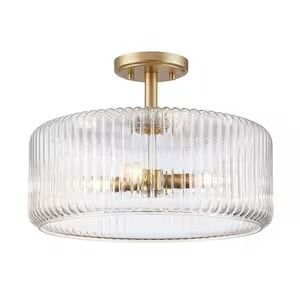 Quartz Quarters 15.75 in. 4-Light Gold Semi-Flush Mount Ceiling Light with Clear Reeded Glass Shade Small Hallway Lighting Ideas Ceilings, Bathroom Lighting Ideas Ceiling, Pantry Light, Living Room Ceiling Lights, Glass Flush Mount Ceiling Light, Lighting Flush Mount, Semi-flush Mount Lights, Pantry Lighting, Hallway Light Fixtures