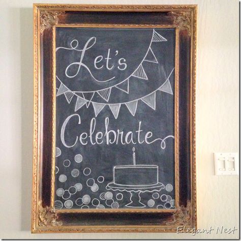 Chalkboard Party Graphic Celebration Chalkboard Art, Chalk Art Birthday Ideas, Birthday Chalk Art, Chalkboard Party, Chalk Writing, Chalkboard Doodles, Chalkboard Writing, Blackboard Art, Kitchen Chalkboard