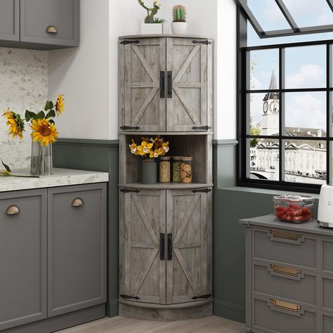 PRICES MAY VARY. [Storage Space Tailored To Your Needs] Dimensions: 22''(W) x 15.6''(D) x 64.8''(H).The corner cabinet has storage shelf at the top and bottom. With its streamlined silhouette and natural tones, it saves space while adding a charming rustic feel, making it the ideal classic farmhouse piece for the corner of your home. [Farmhouse Style] The rustic barn door style and spacious design also works well as a book shelf in the study, for living room, kitchens, and corner scenes. With a Modern Farmhouse Pantry Cabinet, Broom Storage Kitchen, Old Farmhouse Kitchen Cabinets, Barn Door Kitchen Cabinets, Farmhouse Corner Cabinet, Corner Cabinet Ideas, Modern Corner Cabinet, Modern Farmhouse Pantry, Farmhouse Storage Cabinets