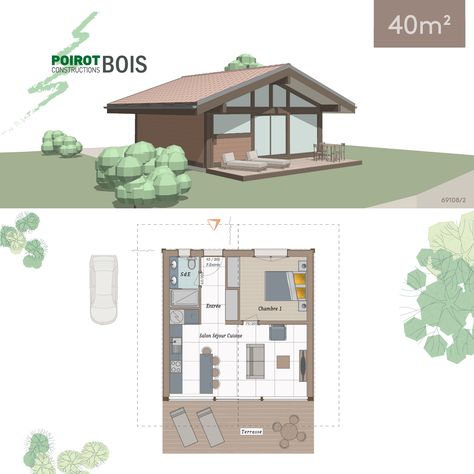 40m2 House Plan, Chalet Plan Architecture, Small Chalet Design, Chalet Plan, Chalet Architecture, Mini Chalet, Small Chalet, Plan Chalet, Chalet Design