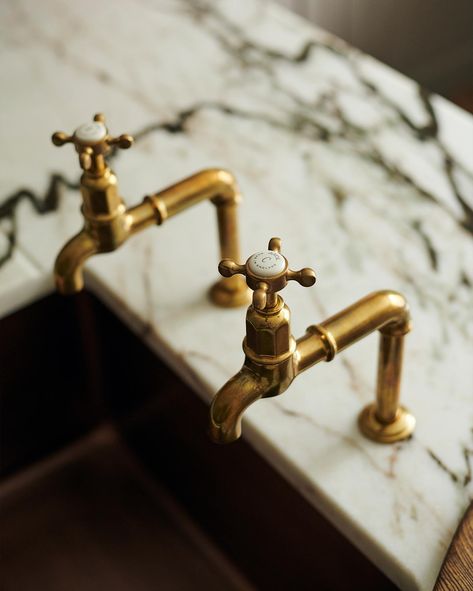 deVOL Aged Brass Ionian Tap | deVOL Kitchens Laundry Faucet, Brass Pot Filler, Tuscan Farmhouse, Arabescato Marble, Devol Kitchens, Barn Kitchen, Painted Cupboards, Brass Pot, Brass Kitchen Faucet