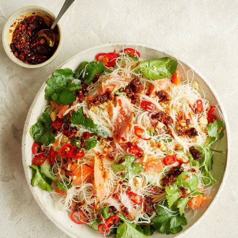 Smoked Trout Noodle Salad with Coconut Cream and Lime Dressing Trout Salad, Trout Recipes, Steamed Mussels, Prawn Cocktail, Smoked Trout, Lime Dressing, Noodle Salad, Roasted Salmon, How To Make Salad