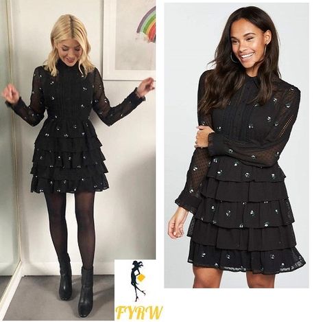 Holly Willoughby This Morning dress black ruffle black ankle boots February 2018 #affiliatelink Dress With Black Boots Ankle, Black Dress And Ankle Boots, Dress With Black Tights And Boots, Black Ankle Boots With Dress, How To Wear Ankle Boots With A Dress Winter Black Tights, Black Dress With Ankle Boots, Black Ankle Boots Outfit Dressy, Dress With Ankle Boots Dressy, Dress With Black Tights