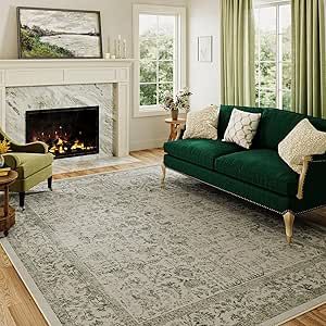 PureCozy Green Area Rug 6x9 Indoor Vintage Living Room Large Carpet Washable Distressed Rug Floral Bedroom Rug Retro Accent Throw Rug for Office Dining Room Nursery Area Rug With Green Couch, Trendy Carpet Living Rooms, Emerald Green Rug Living Room, White And Green Rug, Green Accent Rug, Living Room Rug Green, Green Rug Living Room, Playroom Kitchen, Rug For Office