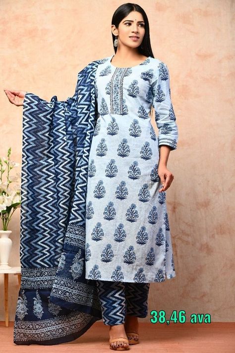 White and blue Combo Pure cotton suit with cotton dupatta . Buy now#kurti #kurtiset #prettydresses #suits #suitsets #indowestern #ethnicwear #traditional #pastel #designerprettyblouse #kurti #kurtiset #prettydresses #suits #suitsets #indowestern #ethnicwear #traditional #pastel #designerprettyblouses #blousepatterns #blousedesigns #sareeblouse #fashion #sareeinspiration #blouse #justblouses Block Print Suits, Cotton Churidar, Cotton Kurta Set, Pure Cotton Suits, Simple Kurti, Cotton Blouse Design, Churidar Designs, Anarkali Dress Pattern, Kurta Set For Women