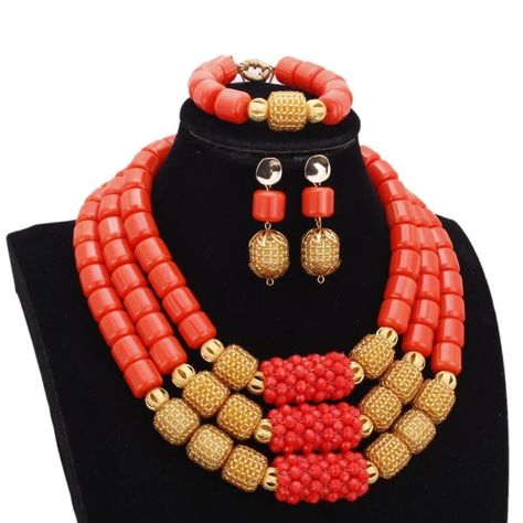 53.7€ 58% de réduction|Dudo Store – Ensemble De Bijoux Africains À 3 Couches, Avec Boules Dorées Et Perles De Corail Artificielles, Lot De 3 Pièces, Nouveau Design 2019 - Parures De Bijoux - AliExpress Nigeria Necklace, Coral Beads Jewellery, African Wedding Jewelry, Artificial Coral, Wedding Necklace Set, Jewelry Set Design, Wedding Store, Beads Jewellery, African Beads