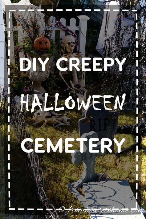 Find out how to create a Halloween cemetery for your yard haunt. All kinds of ideas for Halloween outdoor decorations. #entertainingdiva #yardhaunt #halloweendecor #halloween #halloween #halloweenoutdoordecor #halloweendecor Diy Halloween Pillars, Halloween Graveyard Ideas, Diy Halloween Graveyard, Halloween Fence, Halloween Gravestones, Halloween Cemetery, Haunted Graveyard, Halloween Haunted House Decorations, Yard Haunt