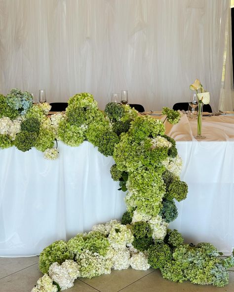 Hydrangea heaven Wedding Aisle Hydrangea, Bridal Shower Ideas Garden Party, Green Hydrangeas Wedding, Hydrangea Aisle Decor, Green And Rose Wedding, Wedding Florals Hydrangeas, White And Green Table Decor, Hydrangea Installation, Green Flowers For Wedding