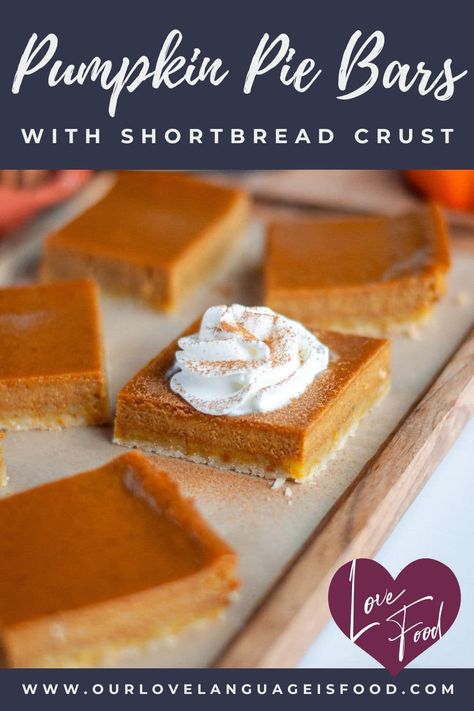 Pumpkin Pie Shortbread Bars Bars With Shortbread Crust, Easy Shortbread, Shortbread Cookie Crust, Easy Dessert Bars, Pumpkin Pie Bars, Easy Pumpkin Pie, Shortbread Bars, Pumpkin Bars, Shortbread Crust