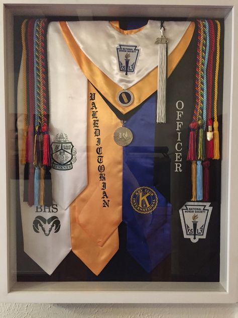 Graduation Shadowbox. Stoles, chords, metals, and tassel. Graduation Displays, Stole Ideas, Graduation Cords, Graduation Display, Shadow Box Graduation, Shadowbox Ideas, Graduation Box, Graduation Memories, Graduation Frame