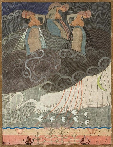 Joseph Alanen (Finnish, 1885-1920) was a Painter who worked in a Finnish Art Nouveau Style & Ancient Finnish decorative style. Finnish Art Traditional, Nausicaa Tapestry, Art Nouveau Textiles, Finnish Illustration, Finnish Folk Art, Red Photos, Finnish Art, Paper Paintings, Art Nouveau Illustration